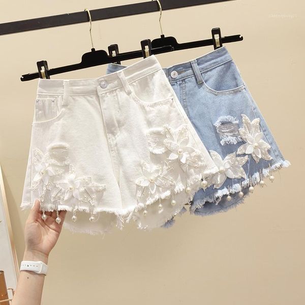 

women's jeans white shorts women 2021 summer pants korean-style industrial flower beads tassels high-waisted holes denim short1, Blue