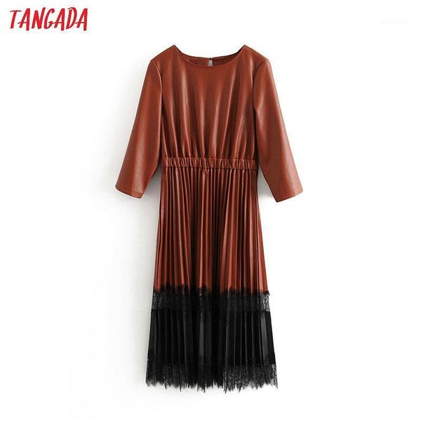 

tangada women pu faux leather dress patchwork lace o neck retro elegant ladies brown pleated mid dress vestido 3h1901, Black;gray