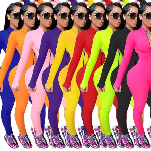 

women jumpsuit solid color long sleeve fingers bodysuit fashion slim ladies zipper rompers 9 colours size s-5xl new, Black;white