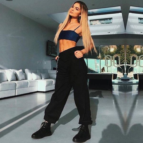 

women's cargo pants 2021spring fall fashion casual loose high waist button harem pants hip hop leggings high street style, Black;white