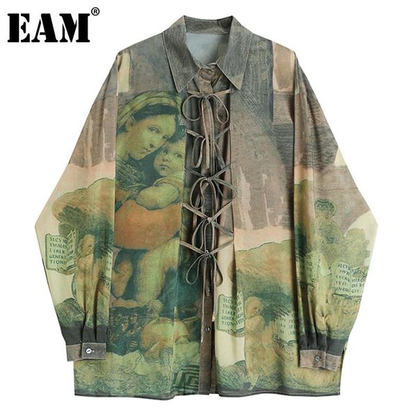 

eam] женщины зеленый шаблон печатных бинты блуза новый нагрудные длинным рукавом сыпучие fit рубашка мода tide весна осень 2020 1dc086, White