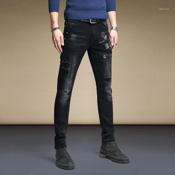 

black ripped jeans men autumn slim fit pencil pants korean style badge patch denim trousers1, Blue
