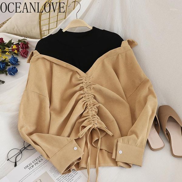 

oceanlove patchwork fake 2 pcs women and blouses contrast color vintage retro shirts pleated blusas mujer casual 190251, White