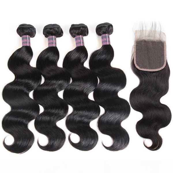 

brazilian body wave human bundles with closure peruvian hair 4pcs with closure malaysian body wave human hair extensions wholesale price, Black