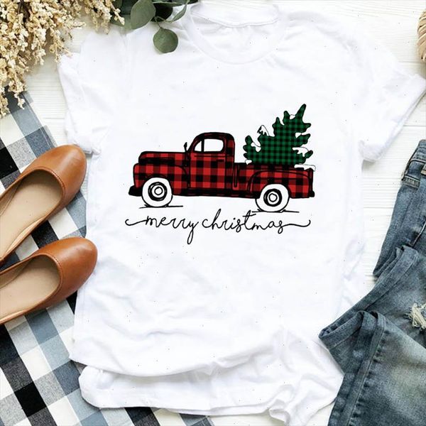 

women lady printing plaid truck tree 90s autumn winter merry christmas clothes shirt t tee tshirt female graphic t shirt, White