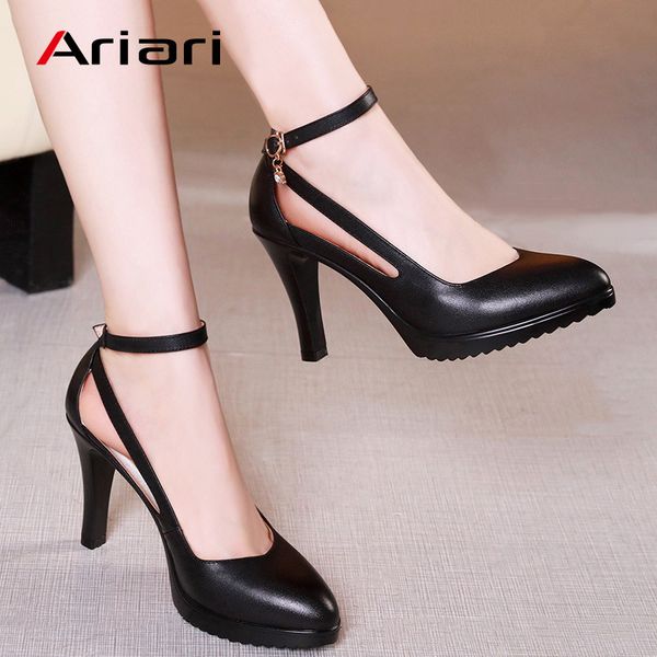 

ariari lady spike heels pumps mature office lady pumps buckle strap platform high heels women shoes four season leather shoes y200702, Black