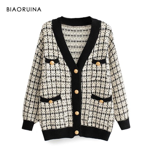 Biaoruina Mulheres Moda V-Neck Chic Único Malha de Breasted Cardigans Feminino Grosso Manter Quente Swallow Gird Gird Plaid Sweater Outerwear 201029