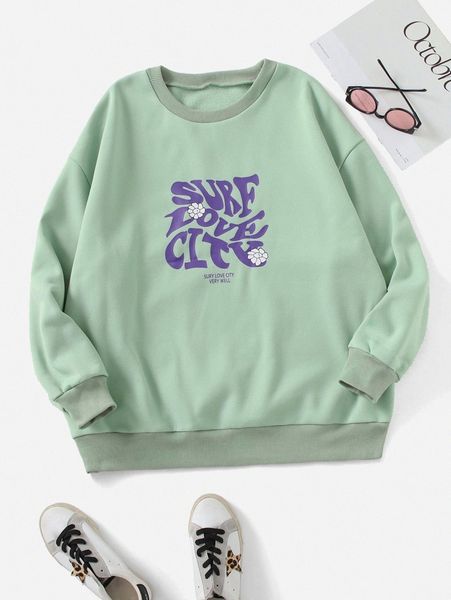 

plus letter and floral print thermal lined sweatshirt p0fc#, Black