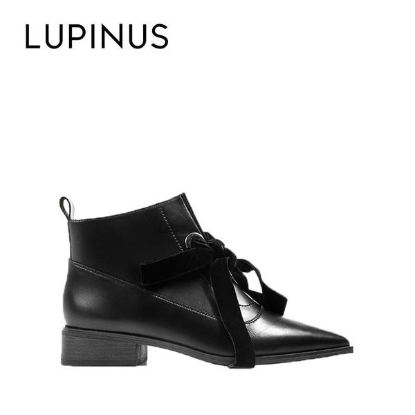 

lupinus autumn/winter fashion butterfly-knot ankle boots for women 2020 new elegant pointed low-heel women casual leather boots, Black