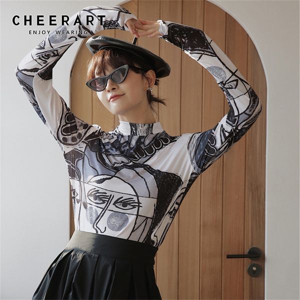 

cheerart arts print turtleneck blouse women long sleeve vintage elastic tunic and blouses clothing fall lj200811, White