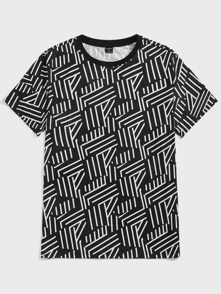 

men geo print round neck tee 095z#, White;black