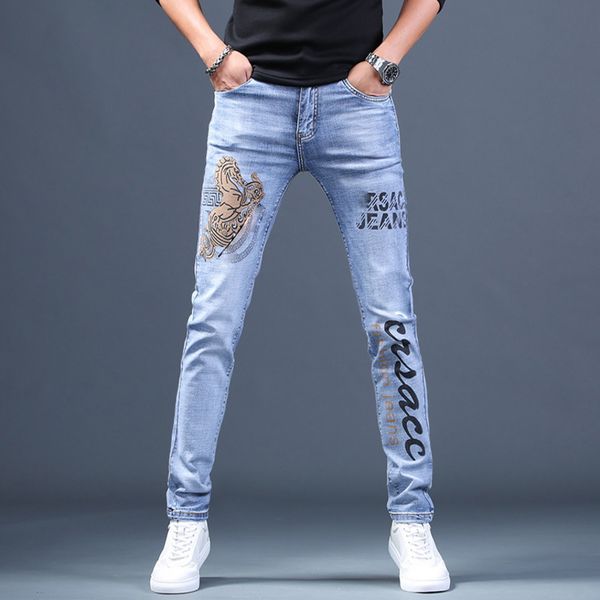 

men's fashion printed casual washed slim high-quality elastic jeans, young and fashionable boys; 2021, Blue