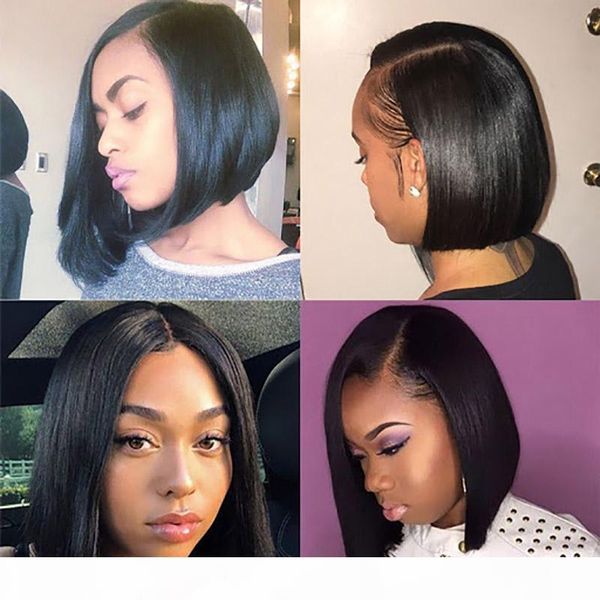 

short bob wigs brazilian remy hair straight lace front human hair bob wigs for women 150% density pre plucked natural color, Black;brown