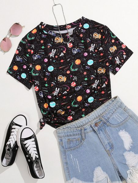 

plus allover cartoon galaxy print tee d6oq#, Black