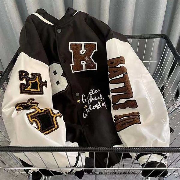 

street retro letter embroidery baseball uniform cotton bomber jacket women winter loose all-match casual thickened jacket 220124, Black;brown