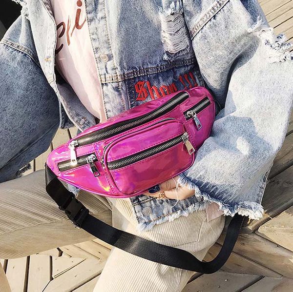 

50pcs 2018 new sport style laser translucent waist bag waterproof hologram pu metallic silver fanny packs women waist bags