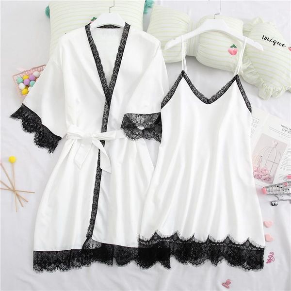 

white bride wedding 2pcs faux silk kimono robe gown sets black lace trim bathrobe nightdress women summer home clothes1, Black;red