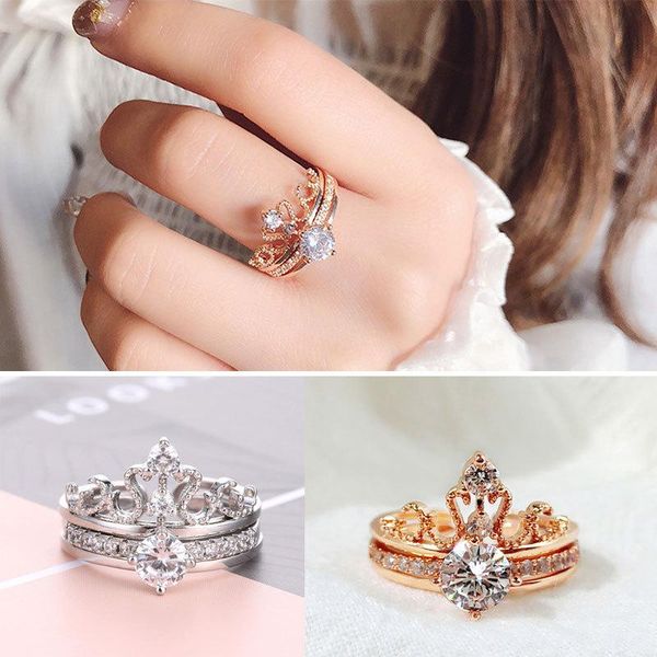 

new fashion zircon crown ring for women detachable double rings set wedding engagement jewelry gift sale, Slivery;golden