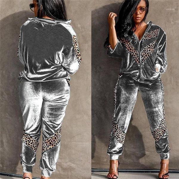 

women's velvet 2 piece sets casual leopard patchwork tracksuits long sleeve zipper coats sweatshirt+jogger pants sportswear1, Gray