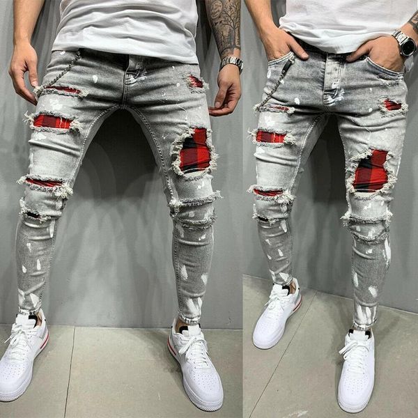 

men pants jeans fashion ripped jeans fashion men solid color patchwork skinny fit ripped stretch denim pants1, Blue