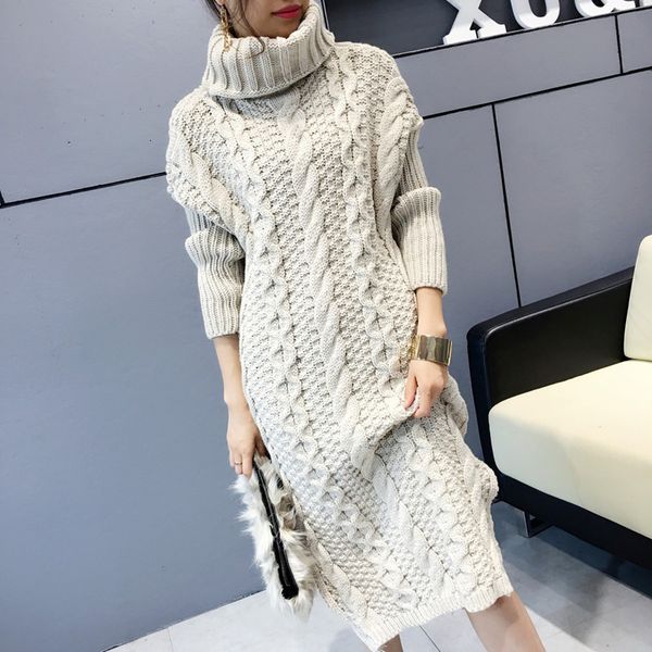 

new high collar 2021 women's nightgown long knitted sweater winter loose tunic 4 colours dress big pc4s, Black;brown