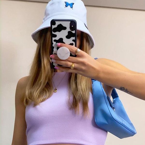 

panama bucket with visor basin hat white butterfly outdoor double-sided wearable travel embroidery butterfly caps canvas hat htoio, White;black