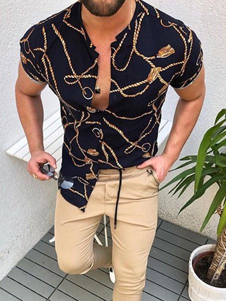 

2020 printing slim fit black men's casual shirt short sleeve formal dress shirts men male clothing camisa s-3xl1, White;black