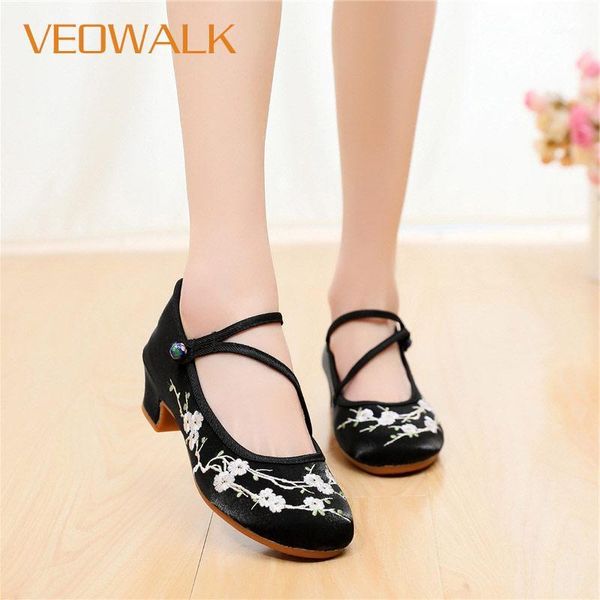 

dress shoes veowalk women cotton 4cm block heels vintage flower embroidered ladies casual pumps ankle strap chinese high heels1, Black