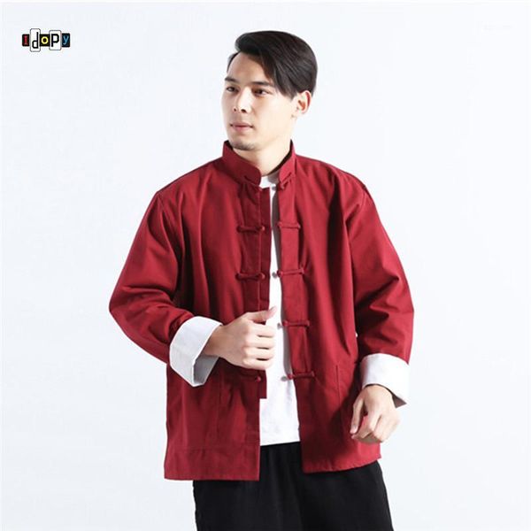 

idopy men`s chinese traditional linen cotton tai chi mandarin collar frog-button shirt1, White;black