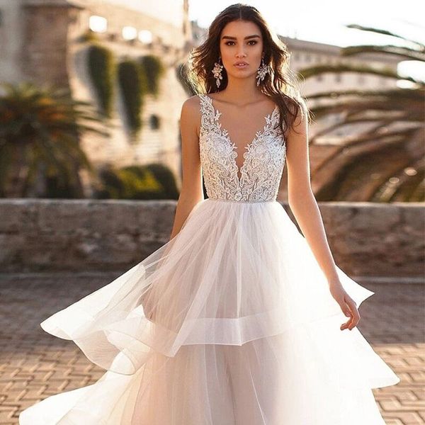 

real image a line wedding dresses v neck tiered tulle lace applique beach boho bridal gown custom made robes de mariee cj, White
