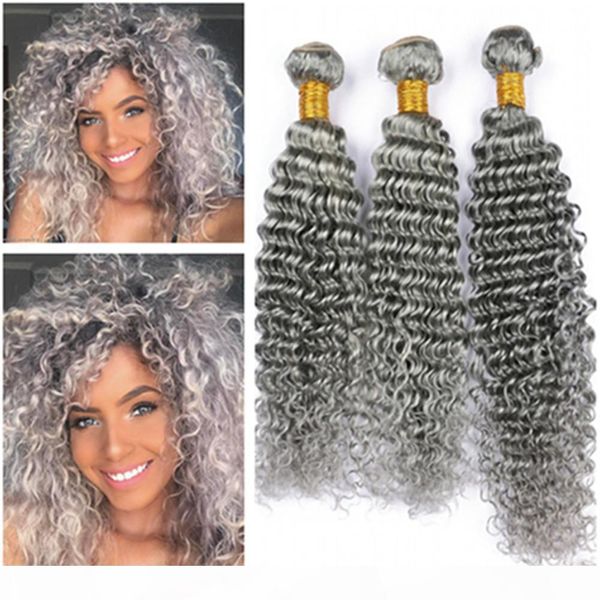 

silver grey brazilian human hair weaves extensions deep wave wavy grey colored virgin human hair bundles deals double wefted 10-30, Black;brown
