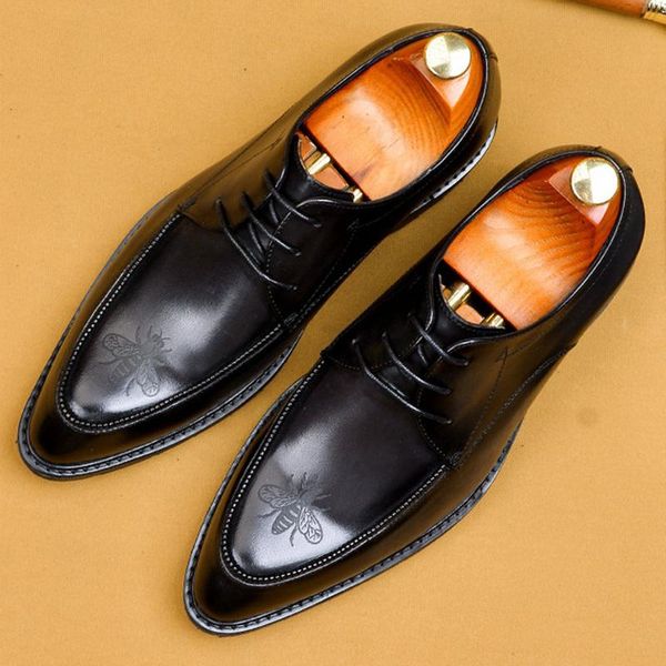 

plus size genuine leather formal dress oxford shoes pointed toe laces handmade men's wedding party flats as206, Black