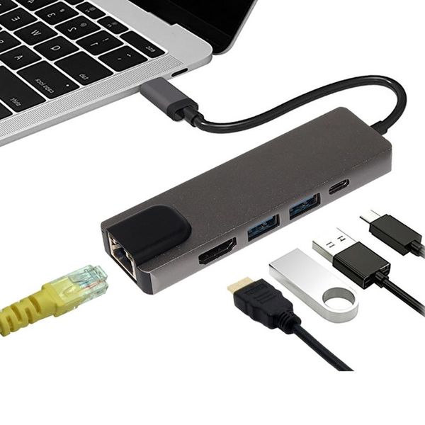 

5-in-1 type-c to hd hub network card + hd + power port gigabit lan adapter splitter converter