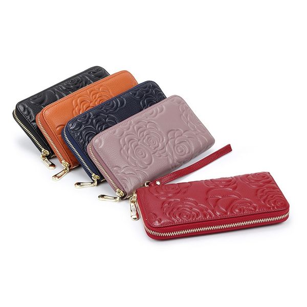 

woman clutch wallet fashion embossed rose flower mulit functional genuine leather zipper soft wallet for iphone 12 detachable wrist strap, Red;black
