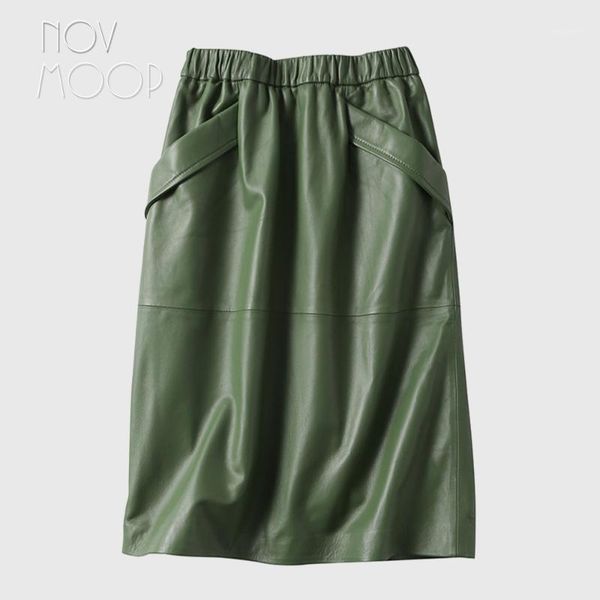 

novmoop new zealand fashion style women black green high waist lambskin genuine leather skirt with double pocket decor lt30431