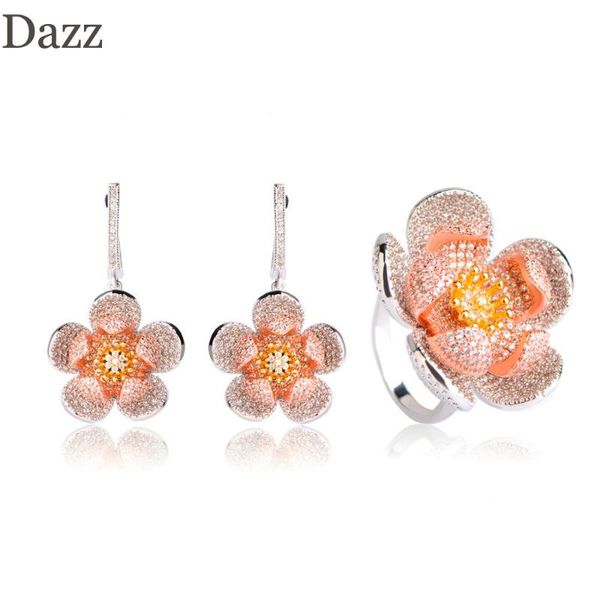 

dazz full cubic zircon exquisite flower shape drop earrings ring jewelry set two tones colors copper ornament for women bridal, Silver