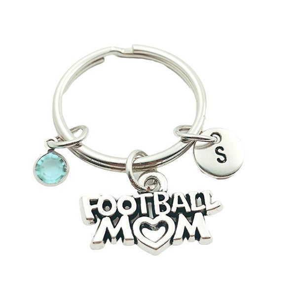 

football mom initial letter birthstone keychains keyrings creative fashion jewelry women gifts accessories pendants, Silver
