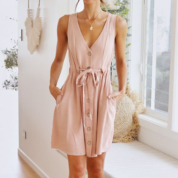 

2021 new tank es women v neck sleeveless button down female casual lace up holiday beach high waist mini party vestidos b0sm, Black;gray