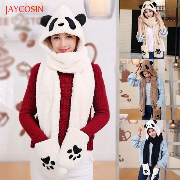 

joycosin winter women novelty caps fashion cute panda hat ear warm plush hat scarf gloves set fleece women caps with pocket 201020, Blue;gray
