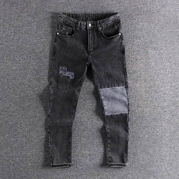 

2019 british retro patch fashionable youth slim fit capris original men's jeans fashion cool boy wear trouser sale1, Blue