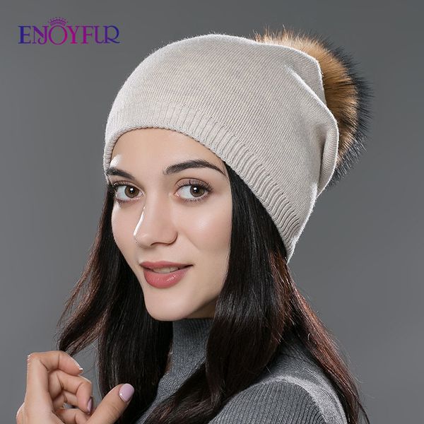 

enjoyfur winter women real fur pom pom hats wool knitted thick warm lined beanies hat lady fashion bobble ski caps 201027, Blue;gray