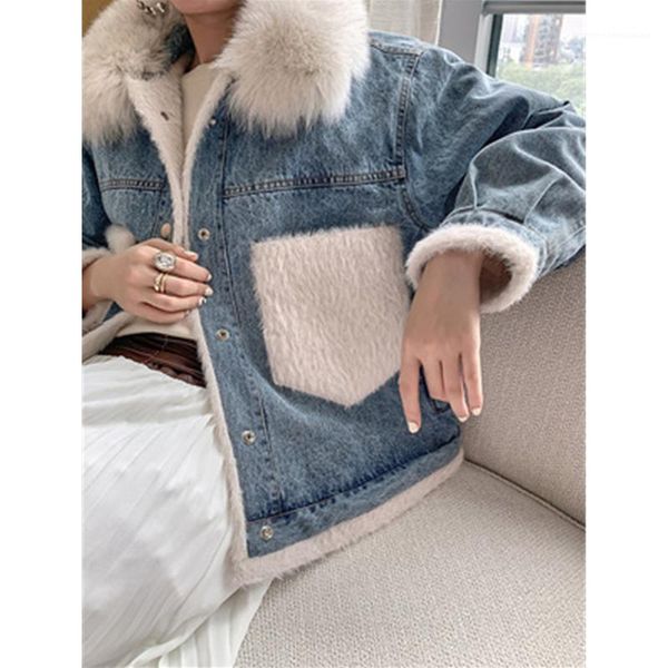 

пальто дизайнер женский зимний сгущает straight верхняя одежда дамы меховой воротник джинсовой куртки тенденции моды сращивание плюша с длин, Black;brown