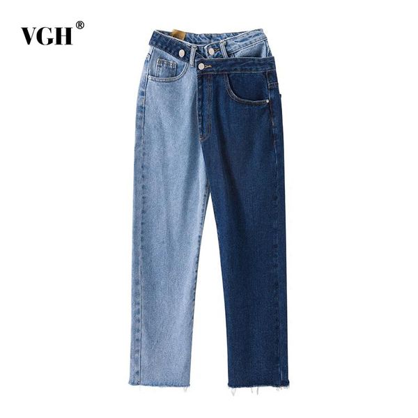 

vgh hit color jeans for women high waist patchwork straight irregular casual loose pants female fashion new clothing 2020 fall, Blue
