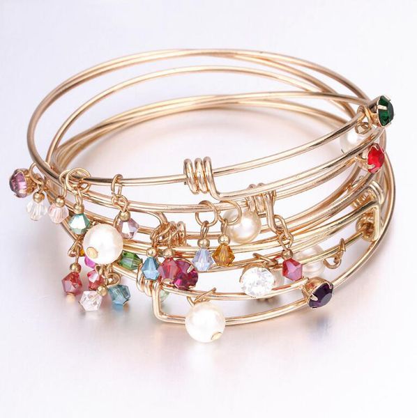 

fashion crystal rhinestone birthday stone pearl pendant bracelet alloy wire coil push-pull bracelets gold plated hearts adjustable jewelry, Golden;silver