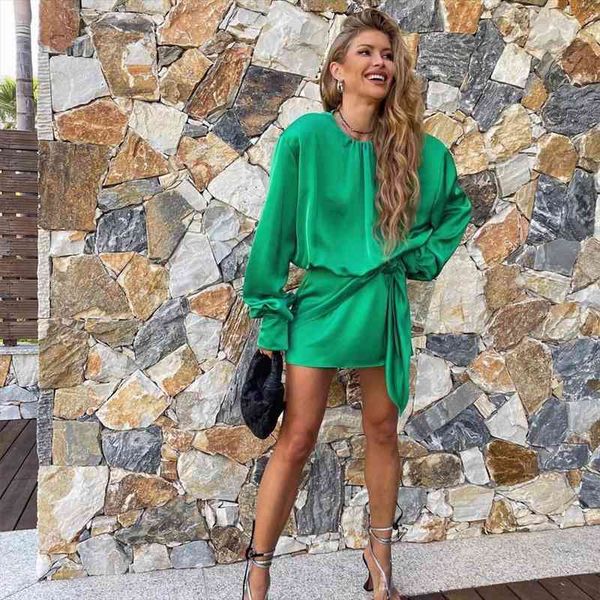 

fashion women satin shirt dress with knot o-neck long cuff sleeves chic lady high street short dresses woman robe, Black;gray