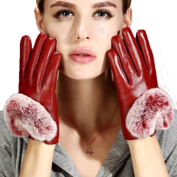 

fur gloves women winter genuine leather female thermal full finger outdoor driving gloves touch screen black red brown, Blue;gray