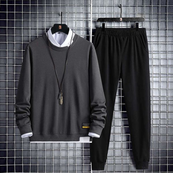 

style spring and autumn 2020 new raglan sleeve fried street loose sports round neck men's sweater suit, Gray