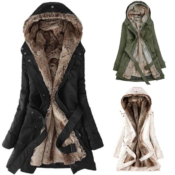 

ladies fur lining trench coat womens winter warm thick long hooded outwear, Tan;black