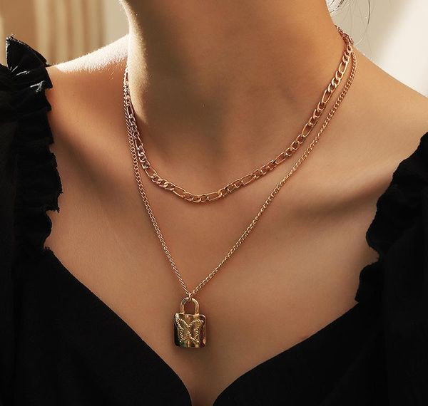 

ожерелье замок choker мода 2020 старинные бабочка цепи ожерелье металл для ювелирных изделий золото многослойные женщины цветные подвески sq, Silver