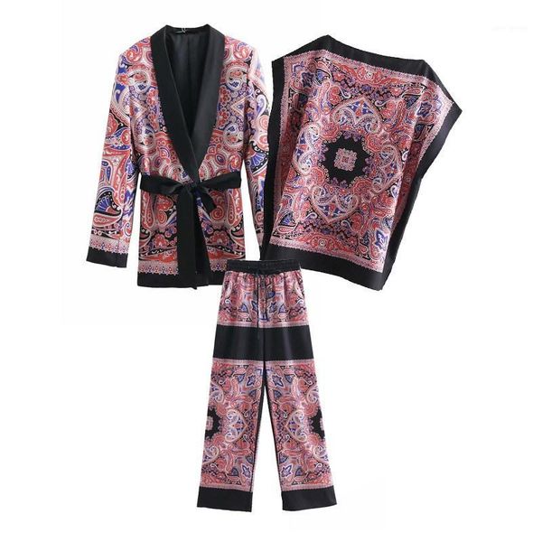 

women vintage floral print two piece set 2019 new coat wide leg pants sashes elastic waist suits casual loose outfits1, White